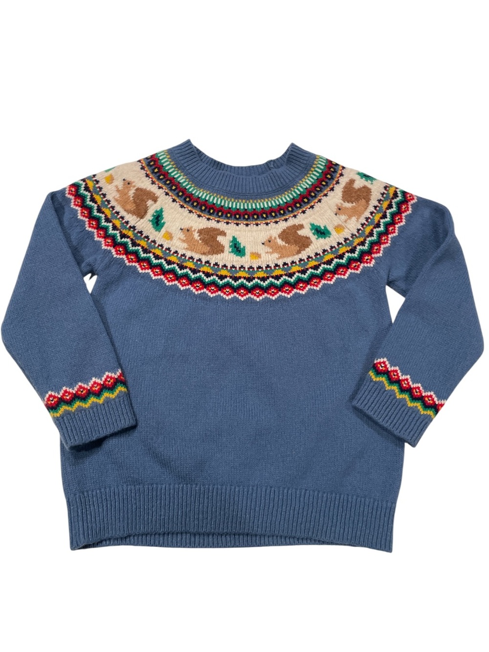 Mini Boden Squirrel Fair Isle Jumper Sweater Blue Long Sleeve 4/5y
